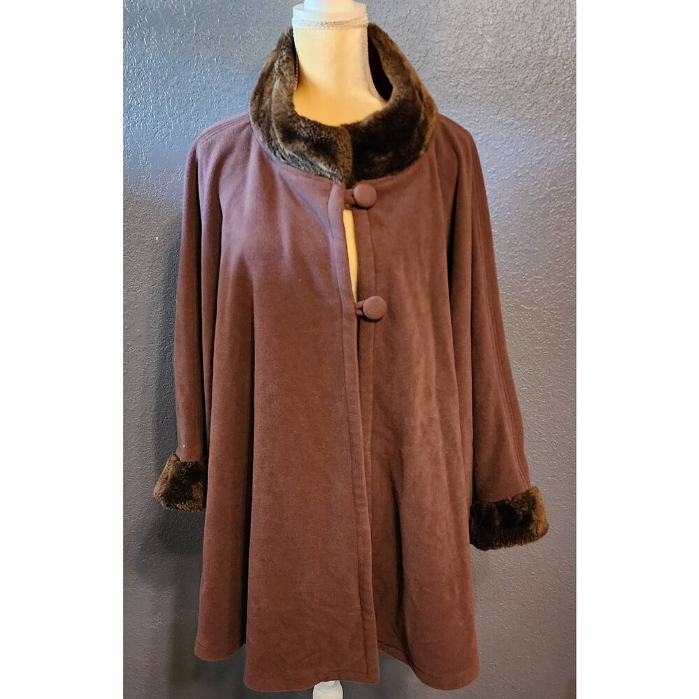 BLAIR Cape Coat Brown Faux Fur Collar and Cuff 2 Button Closure One Size